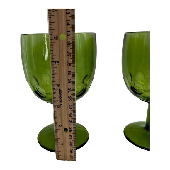 Set Of 4 Green Coin Dot Bartlett Collins Goblets Footed Thumbprint Pedestal Glas - Picture 9 of 13